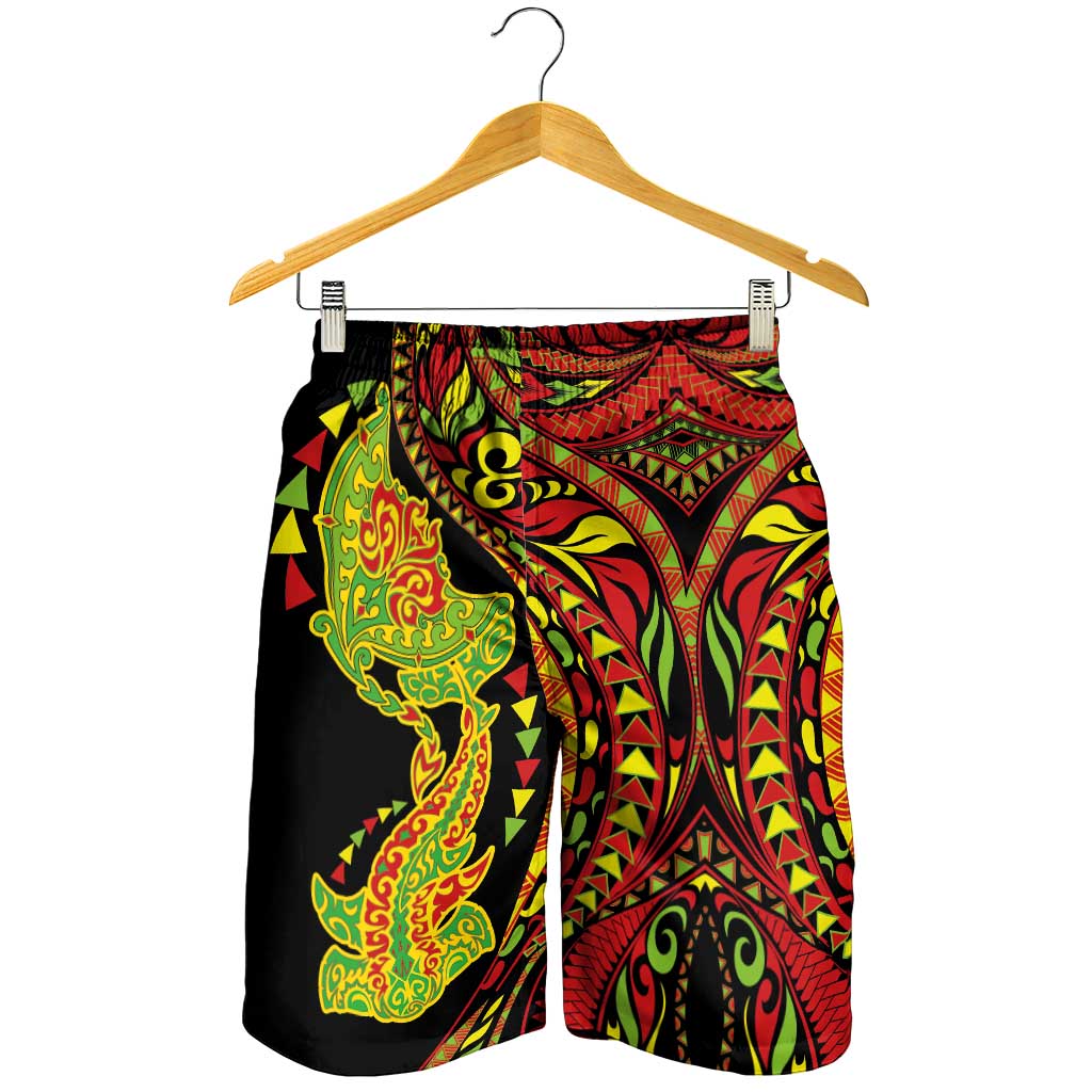 Hawaiian Manta Ray and Hammerhead Shark Tribal Tattoo Shorts for Men with Polynesian Tribal Pattern Kanaka Maoli Flag Color LT03 - Polynesian Pride