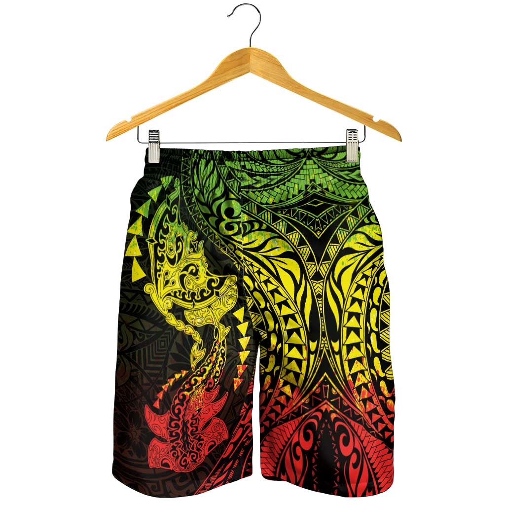 Hawaiian Manta Ray and Hammerhead Shark Tribal Tattoo Shorts for Men with Polynesian Tribal Pattern Reggae Style