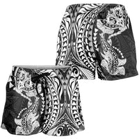 Hawaiian Manta Ray and Hammerhead Shark Tribal Tattoo Shorts for Women with Polynesian Tribal Pattern Black-White Color