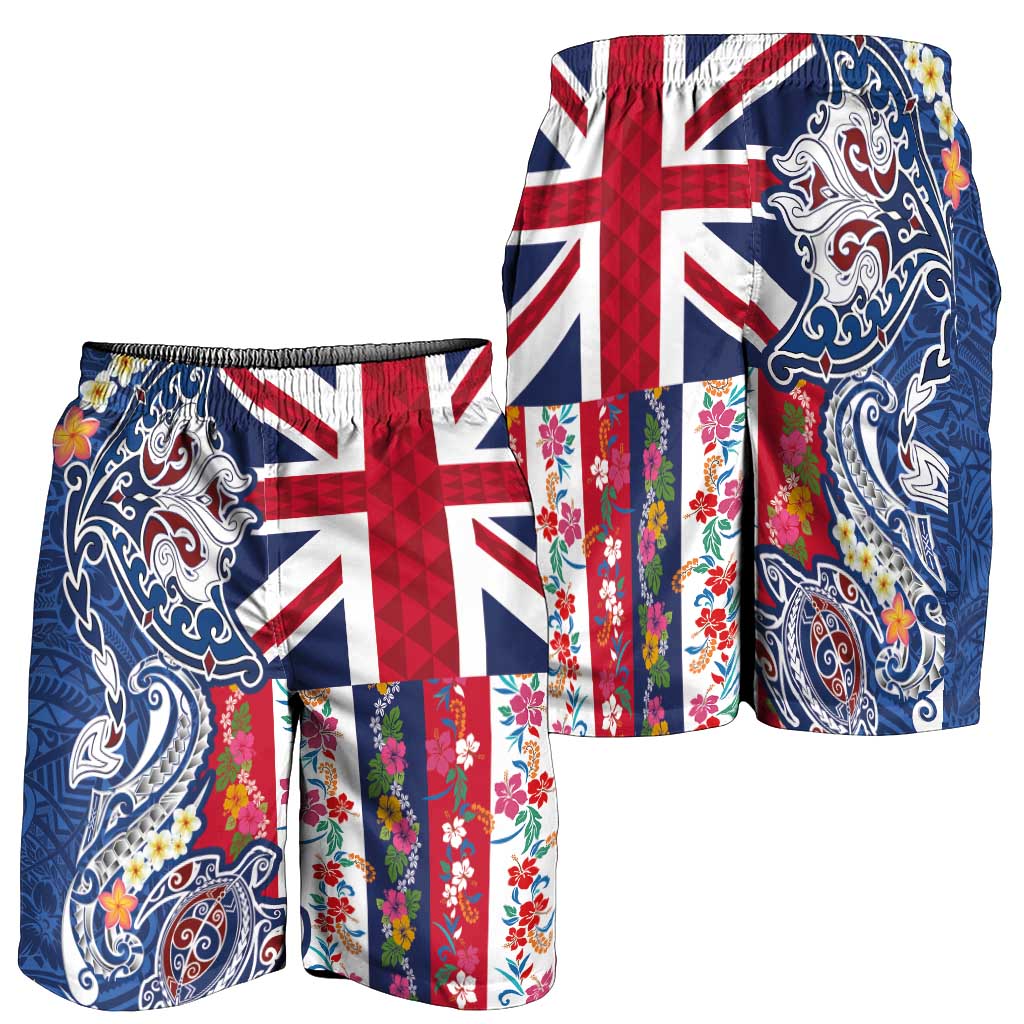 Hawaiian Manta Ray and Turtle Tribal Tattoo Shorts for Men with Hawaii Flag and Flowers