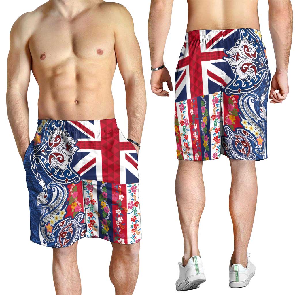 Hawaiian Manta Ray and Turtle Tribal Tattoo Shorts for Men with Hawaii Flag and Flowers