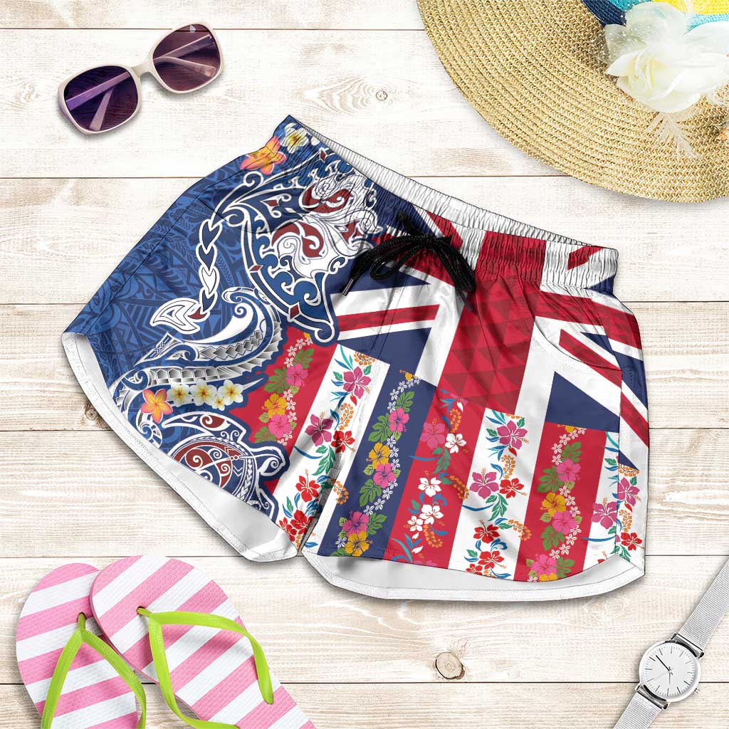 Hawaiian Manta Ray and Turtle Tribal Tattoo Shorts for Women with Hawaii Flag and Flowers