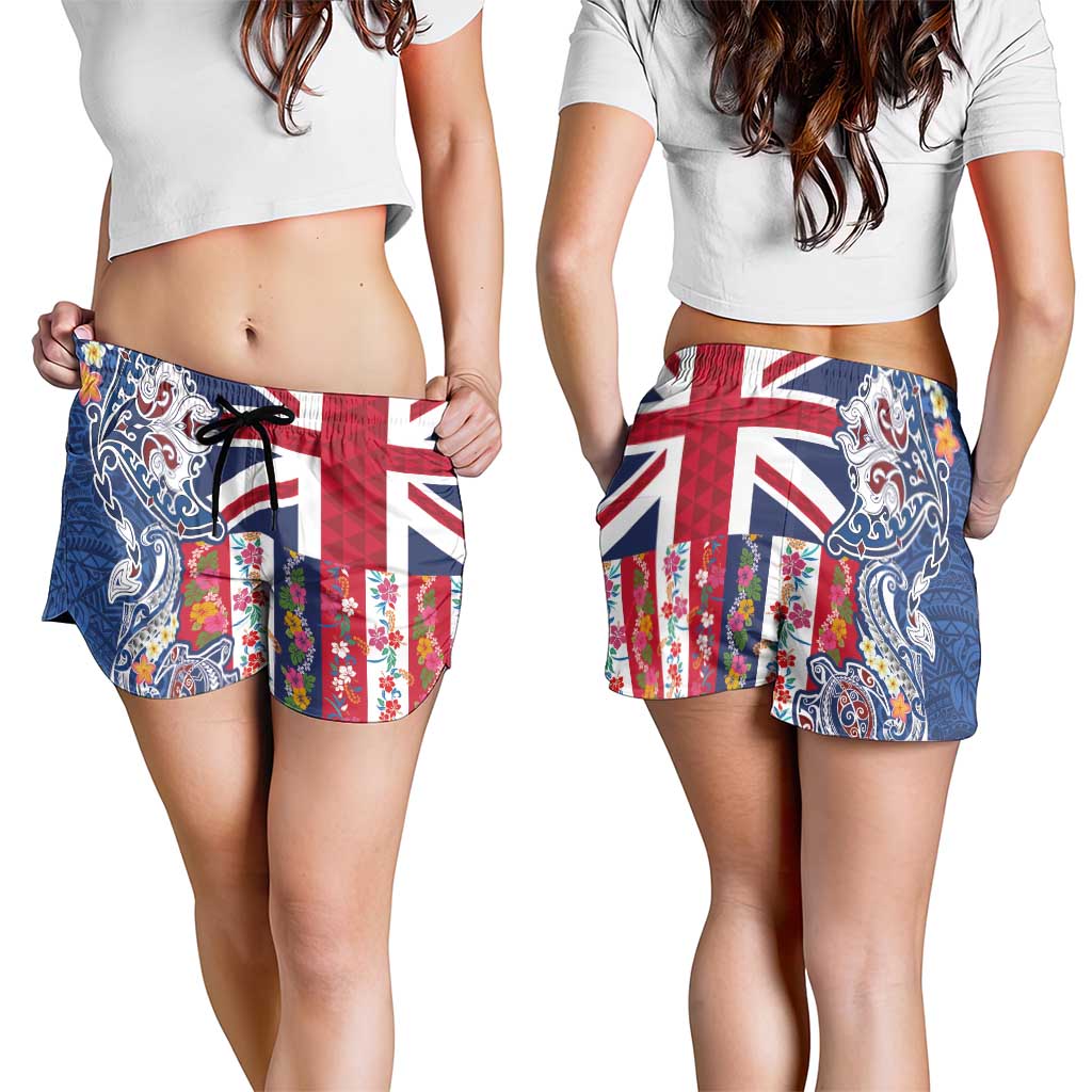 Hawaiian Manta Ray and Turtle Tribal Tattoo Shorts for Women with Hawaii Flag and Flowers