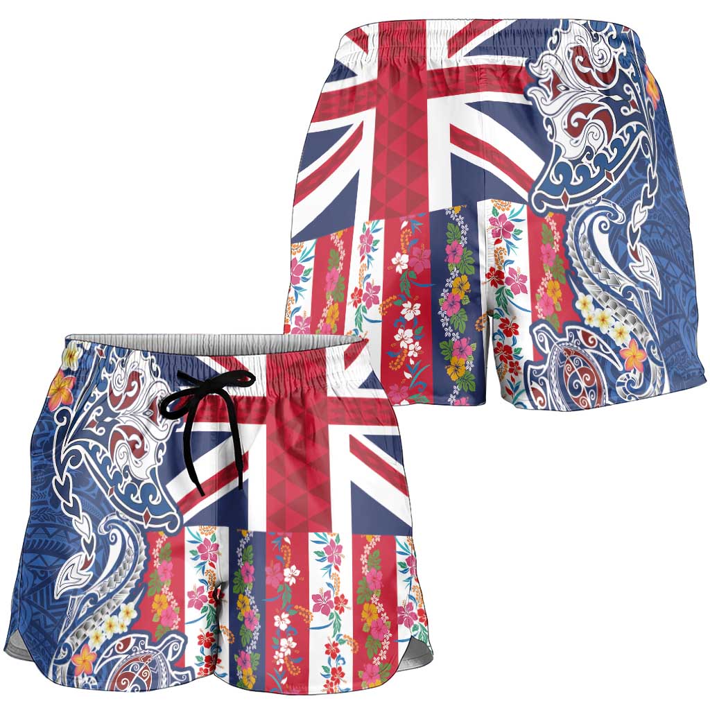 Hawaiian Manta Ray and Turtle Tribal Tattoo Shorts for Women with Hawaii Flag and Flowers