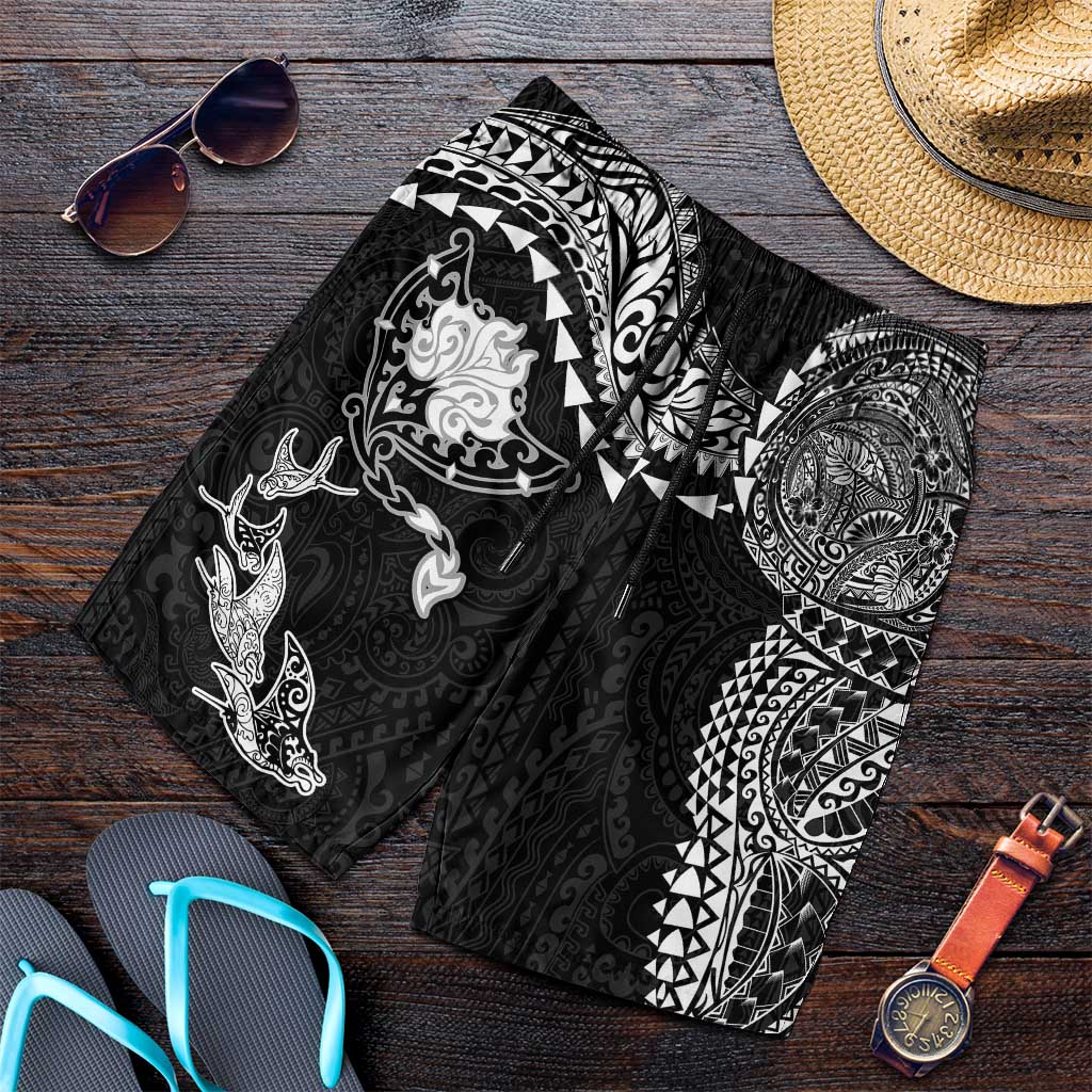 Hawaiian Manta Ray Tribal Shorts for Men Polynesian Art Motifs Black Color