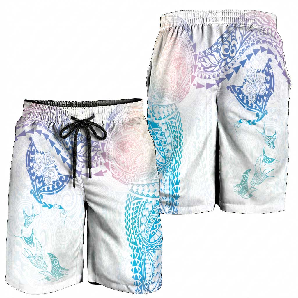 Hawaiian Manta Ray Tribal Shorts for Men Polynesian Art Motifs Sweet Pastel