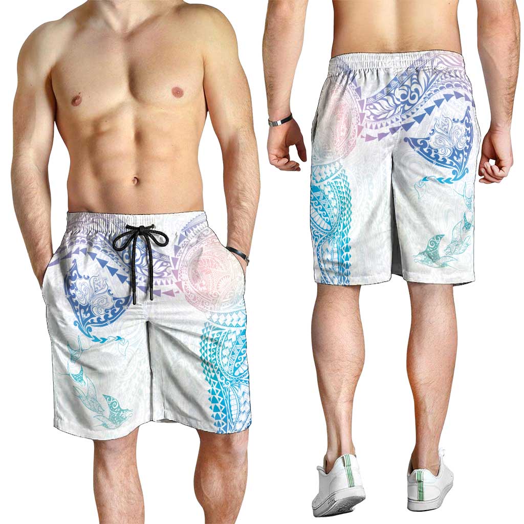 Hawaiian Manta Ray Tribal Shorts for Men Polynesian Art Motifs Sweet Pastel