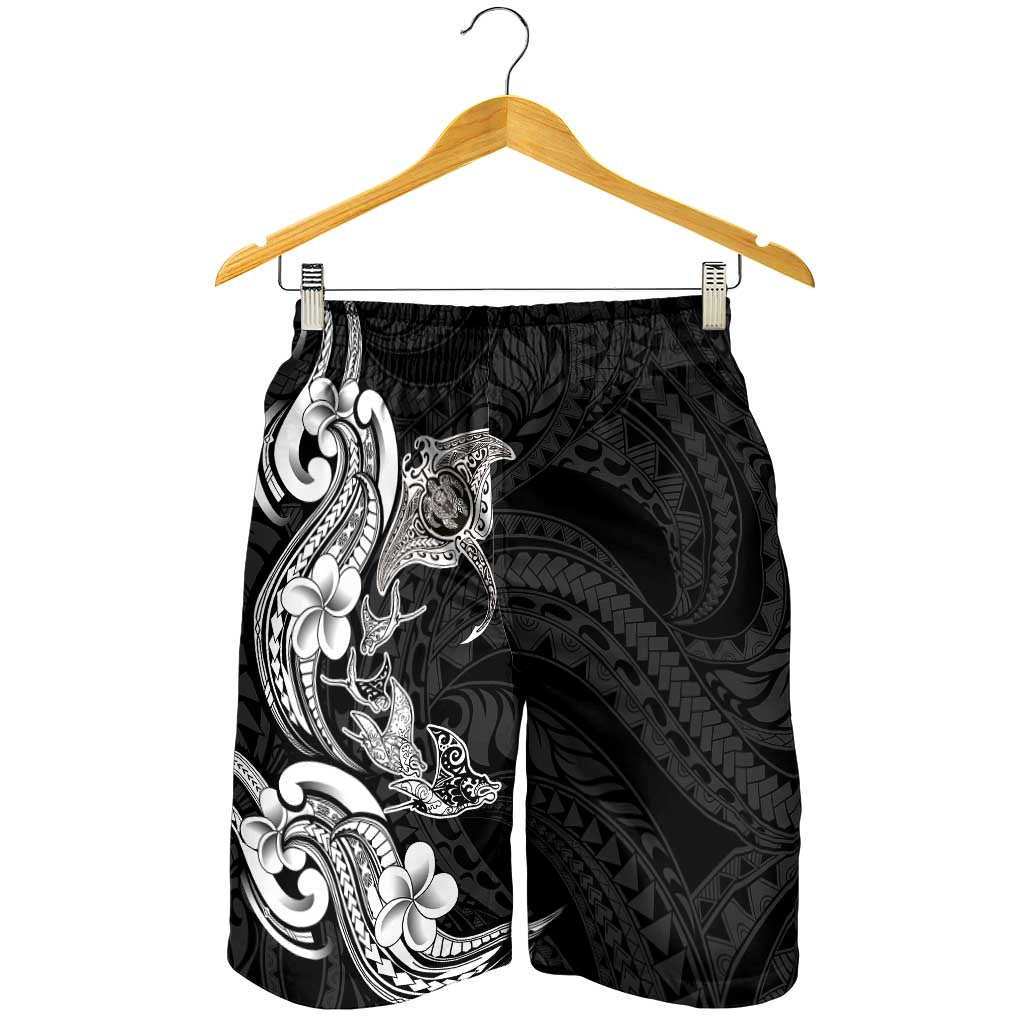 Hawaiian Manta Rays Shorts for Men Tribal Hibiscus Polynesian Tattoos Black Color - Polynesian Pride