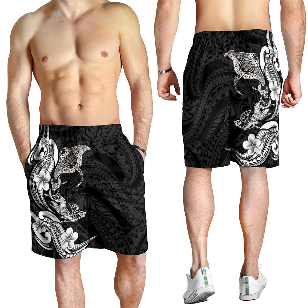 Hawaiian Manta Rays Shorts for Men Tribal Hibiscus Polynesian Tattoos Black Color - Polynesian Pride