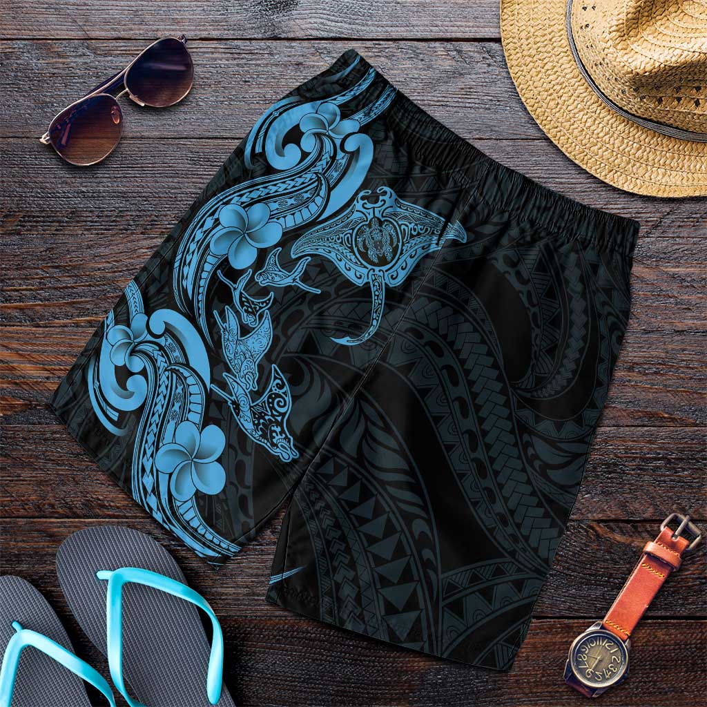Hawaiian Manta Rays Shorts for Men Tribal Hibiscus Polynesian Tattoos Blue Color - Polynesian Pride