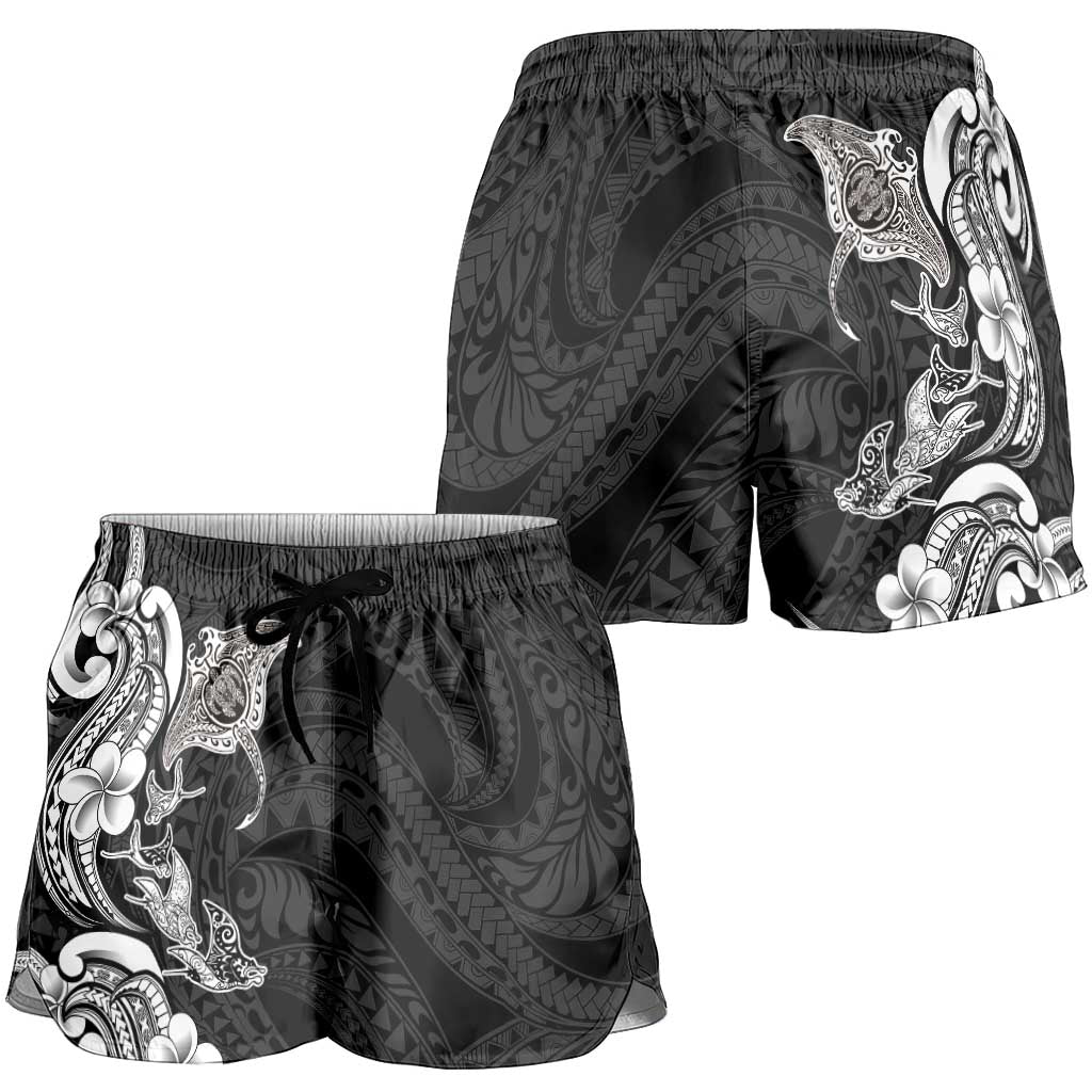 Hawaiian Manta Rays Shorts for Women Tribal Hibiscus Polynesian Tattoos Black Color - Polynesian Pride