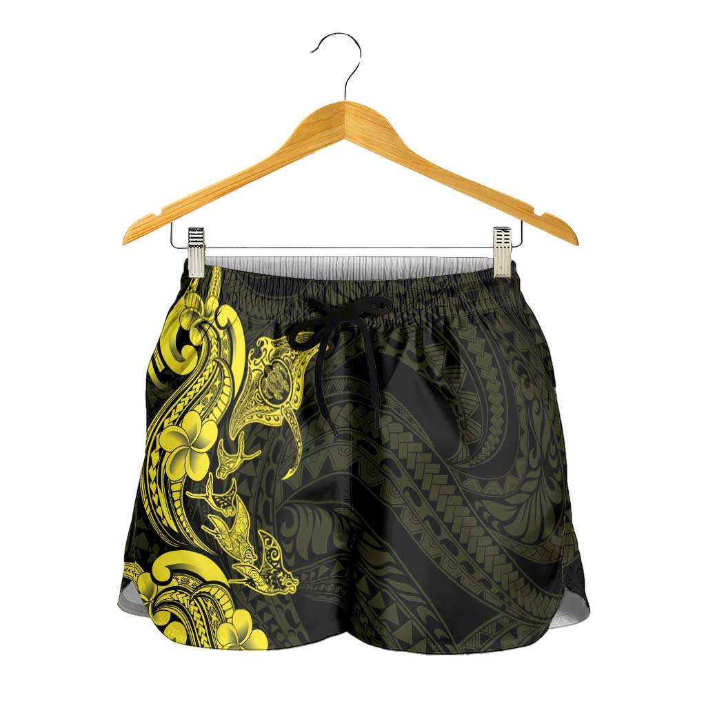 Hawaiian Manta Rays Shorts for Women Tribal Hibiscus Polynesian Tattoos Yellow Color - Polynesian Pride