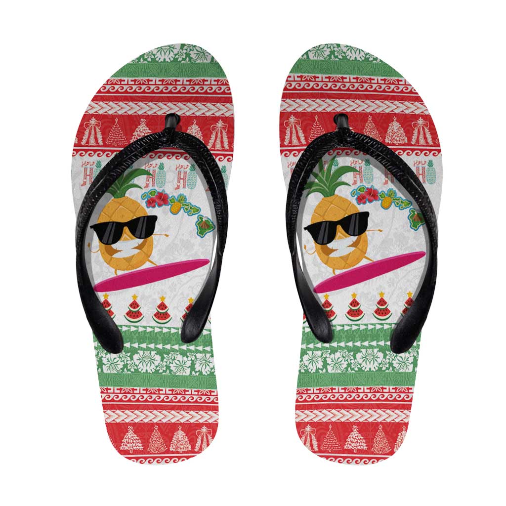 Hawaiian Mele Kalikimaka Flip Flops Funny Pineapple Surfing with Map Christmas Stripe Elements LT03 Multicolor - Polynesian Pride