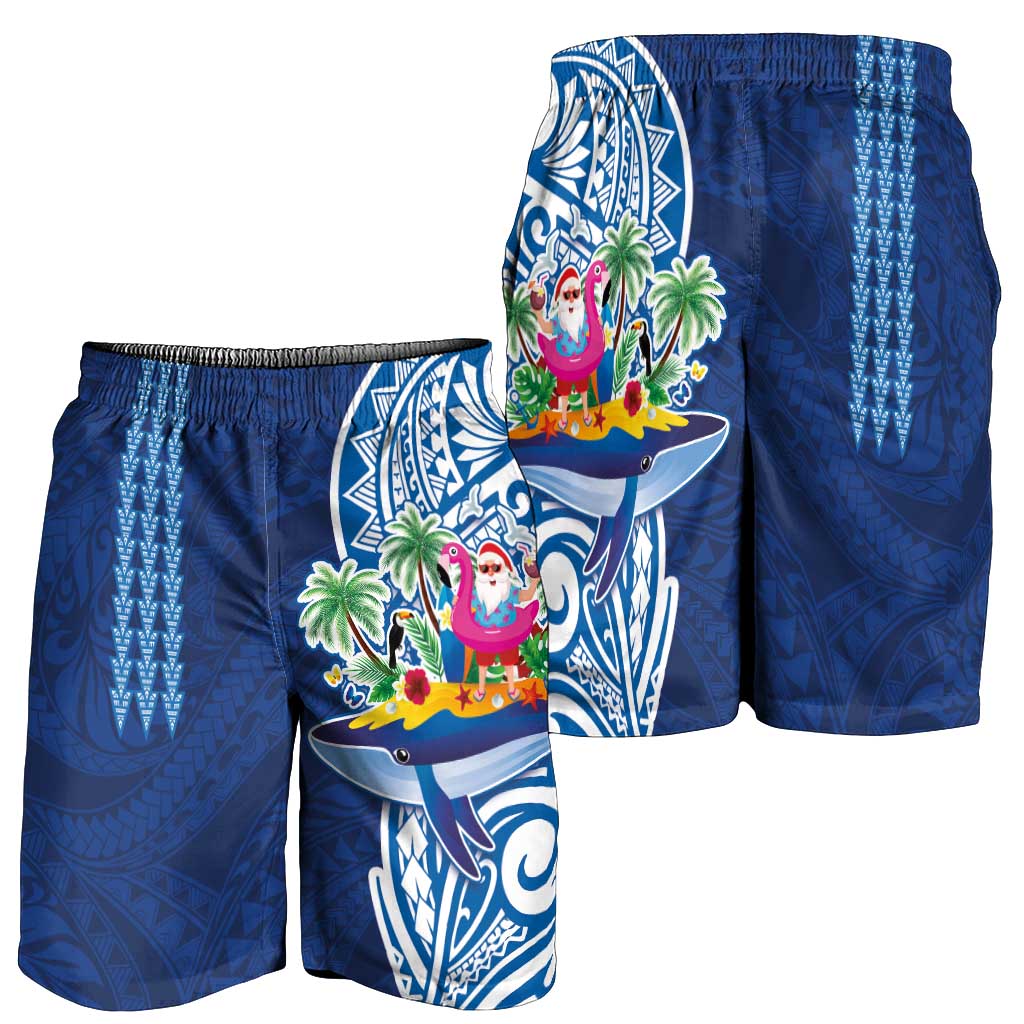 Hawaiian Mele Kalikimaka Shorts for Men Funny Santa on Whale Island with Kakau Tattoos - Polynesian Pride