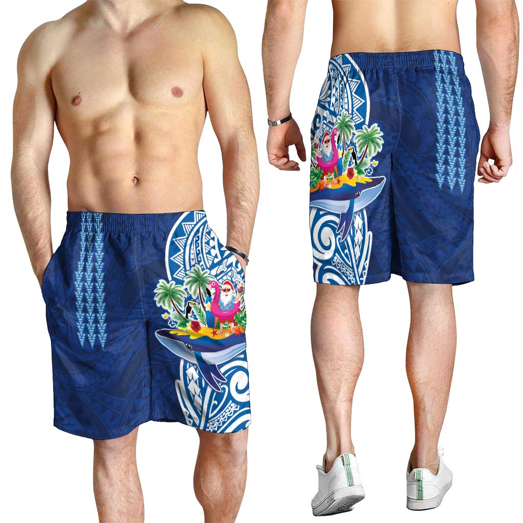 Hawaiian Mele Kalikimaka Shorts for Men Funny Santa on Whale Island with Kakau Tattoos - Polynesian Pride