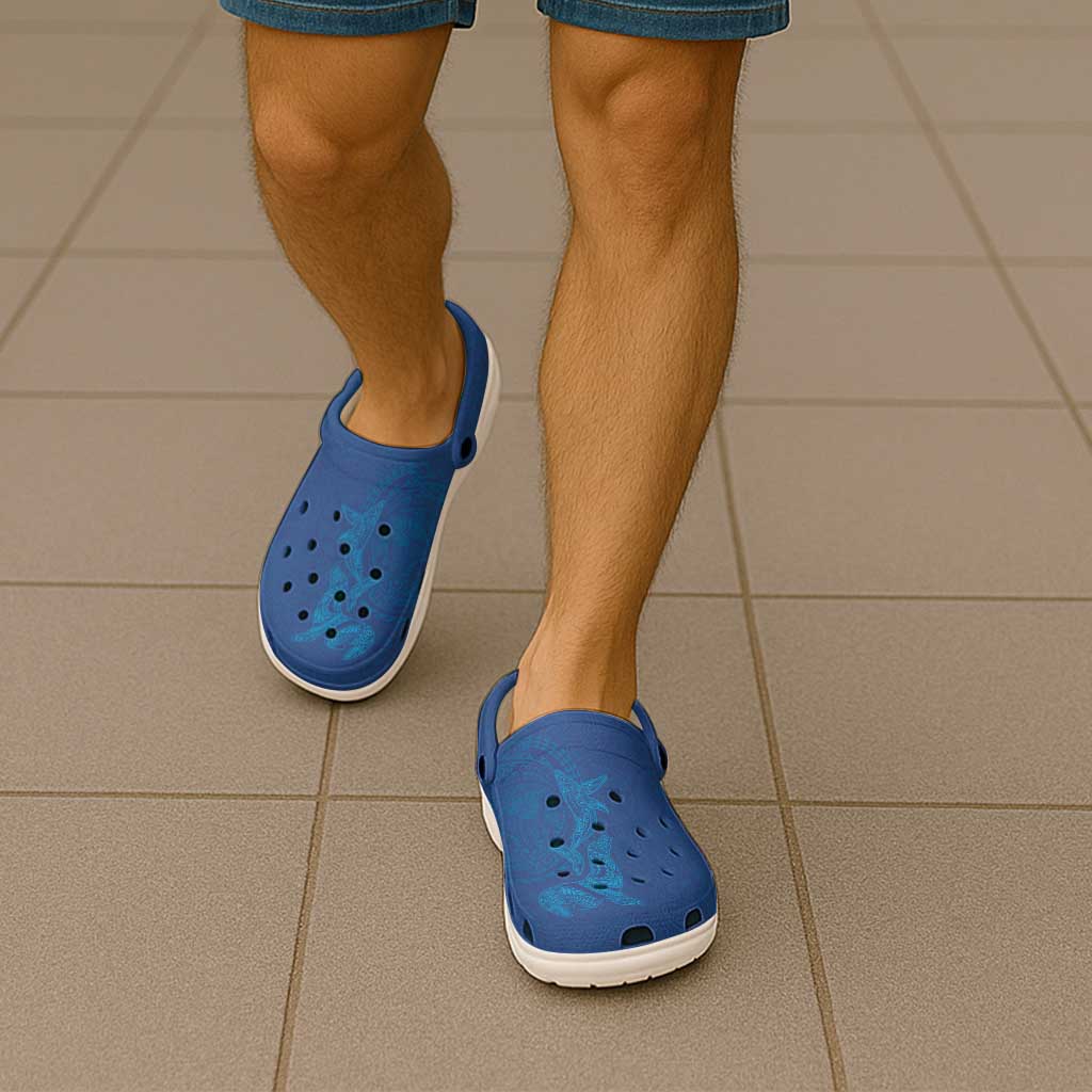 Hawaiian Monk Seal and Whale Clogs Shoes Kakau Tribal Pattern Blue Color