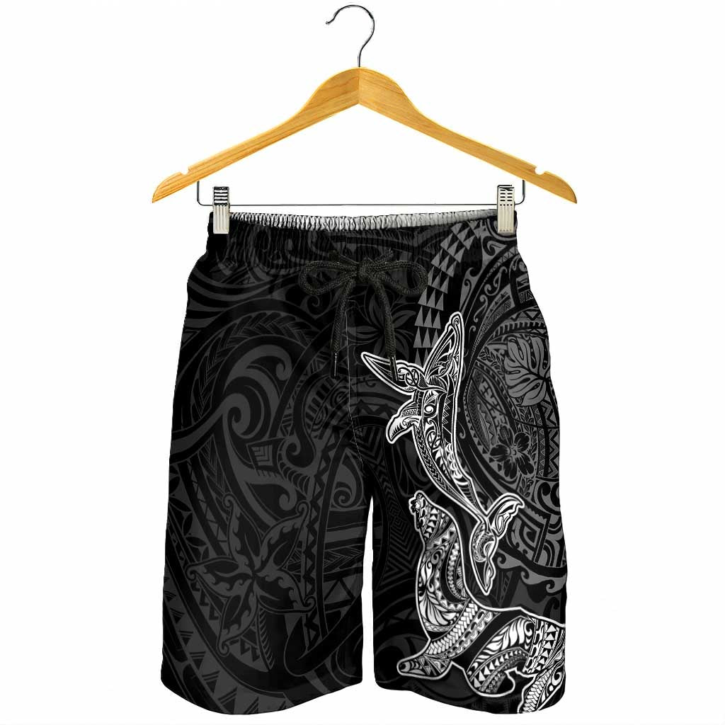 Hawaiian Monk Seal and Whale Shorts for Men Kakau Tribal Pattern Grayscale