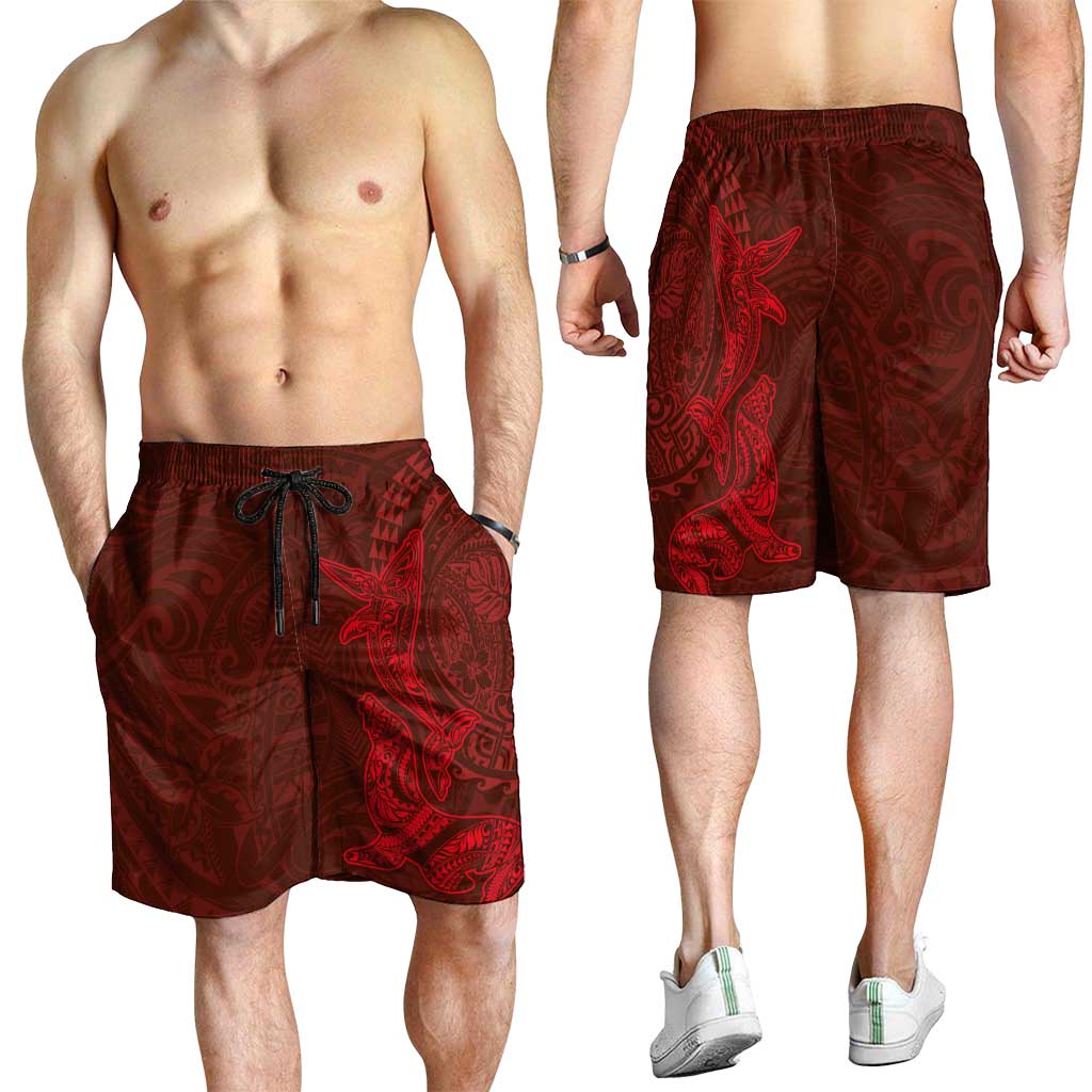 Hawaiian Monk Seal and Whale Shorts for Men Kakau Tribal Pattern Red Color