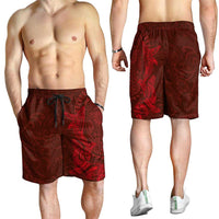 Hawaiian Monk Seal and Whale Shorts for Men Kakau Tribal Pattern Red Color