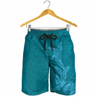 Hawaiian Monk Seal and Whale Shorts for Men Kakau Tribal Pattern Teal Color