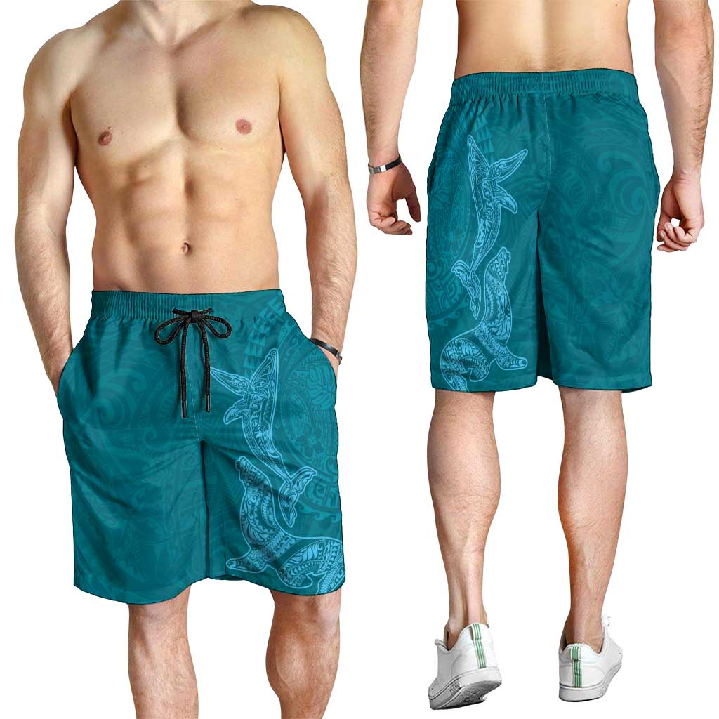Hawaiian Monk Seal and Whale Shorts for Men Kakau Tribal Pattern Teal Color