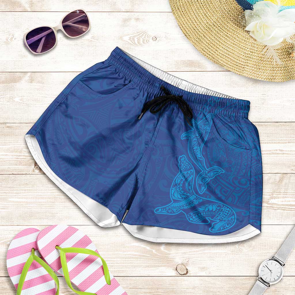 Hawaiian Monk Seal and Whale Shorts for Women Kakau Tribal Pattern Blue Color