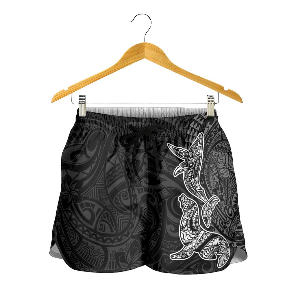 Hawaiian Monk Seal and Whale Shorts for Women Kakau Tribal Pattern Grayscale