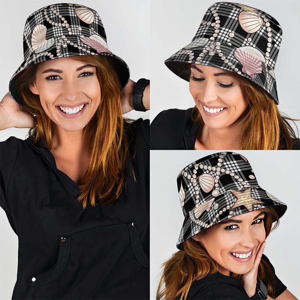 Hawaiian Ocean Seashells Bucket Hat Black Palaka Pattern