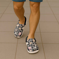 Hawaiian Ocean Seashells Clogs Shoes Black Palaka Pattern