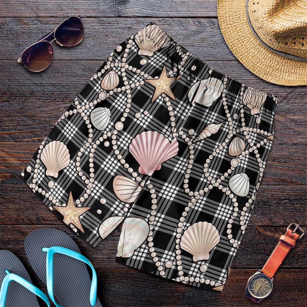 Hawaiian Ocean Seashells Shorts for Men Black Palaka Pattern