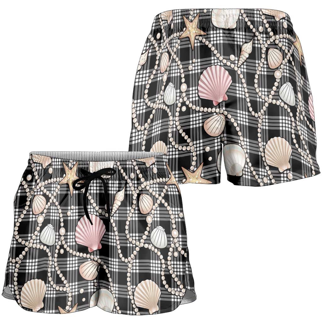 Hawaiian Ocean Seashells Shorts for Women Black Palaka Pattern