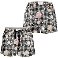 Hawaiian Ocean Seashells Shorts for Women Black Palaka Pattern
