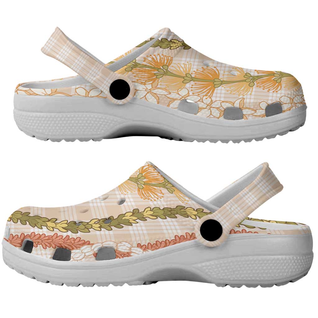 Hawaiian Ohia Lehua Lei Clogs Shoes Plaid Palaka Ahiehie Pattern - Polynesian Pride