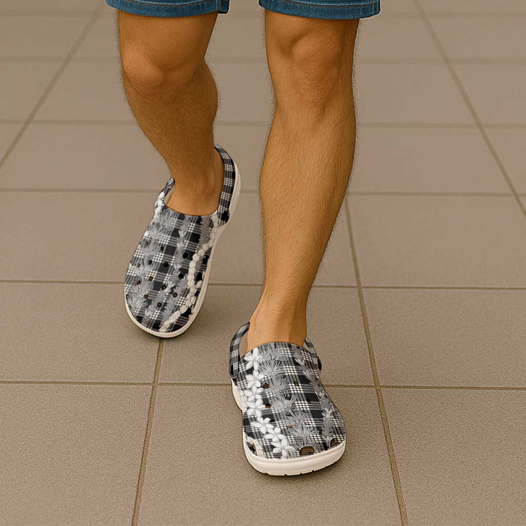 Hawaiian Ohia Lehua Lei Clogs Shoes Plaid Palaka Eleele Pattern - Polynesian Pride