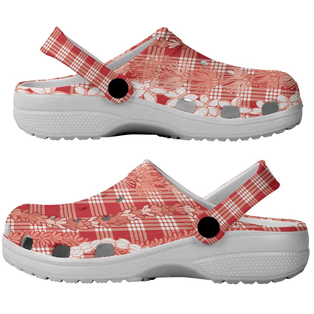 Hawaiian Ohia Lehua Lei Clogs Shoes Plaid Palaka Ulaula Pattern - Polynesian Pride
