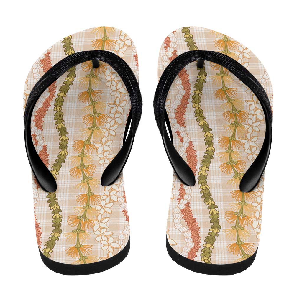 Hawaiian Ohia Lehua Lei Flip Flops Plaid Palaka Ahiehie Pattern - Polynesian Pride