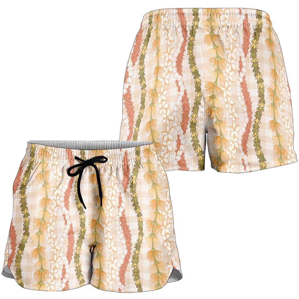 Hawaiian Ohia Lehua Lei Shorts for Women Plaid Palaka Ahiehie Pattern - Polynesian Pride