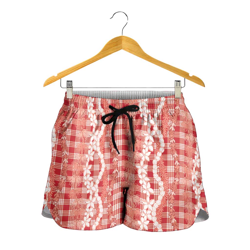 Hawaiian Ohia Lehua Lei Shorts for Women Plaid Palaka Ulaula Pattern - Polynesian Pride