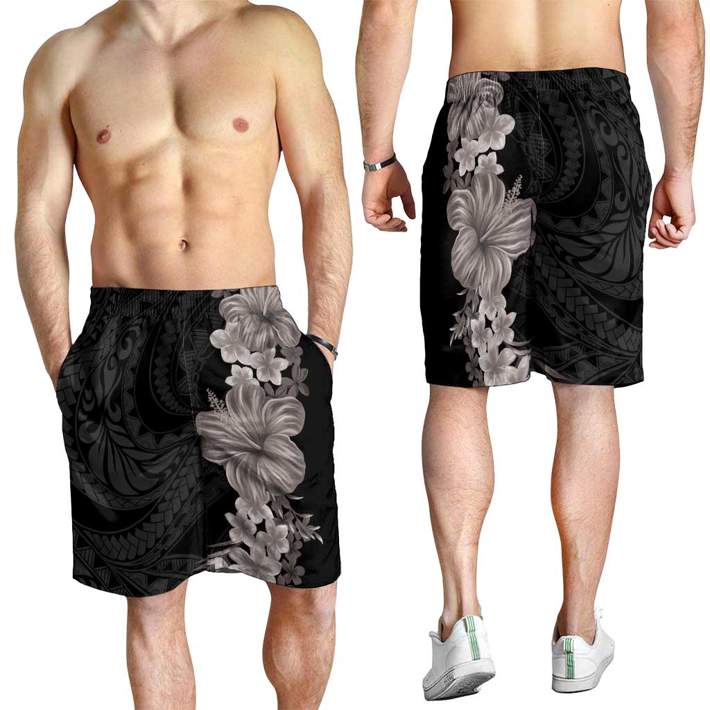 Hawaiian Plumeria and Hibiscus Shorts for Men Grayscale Mode - Polynesian Pride