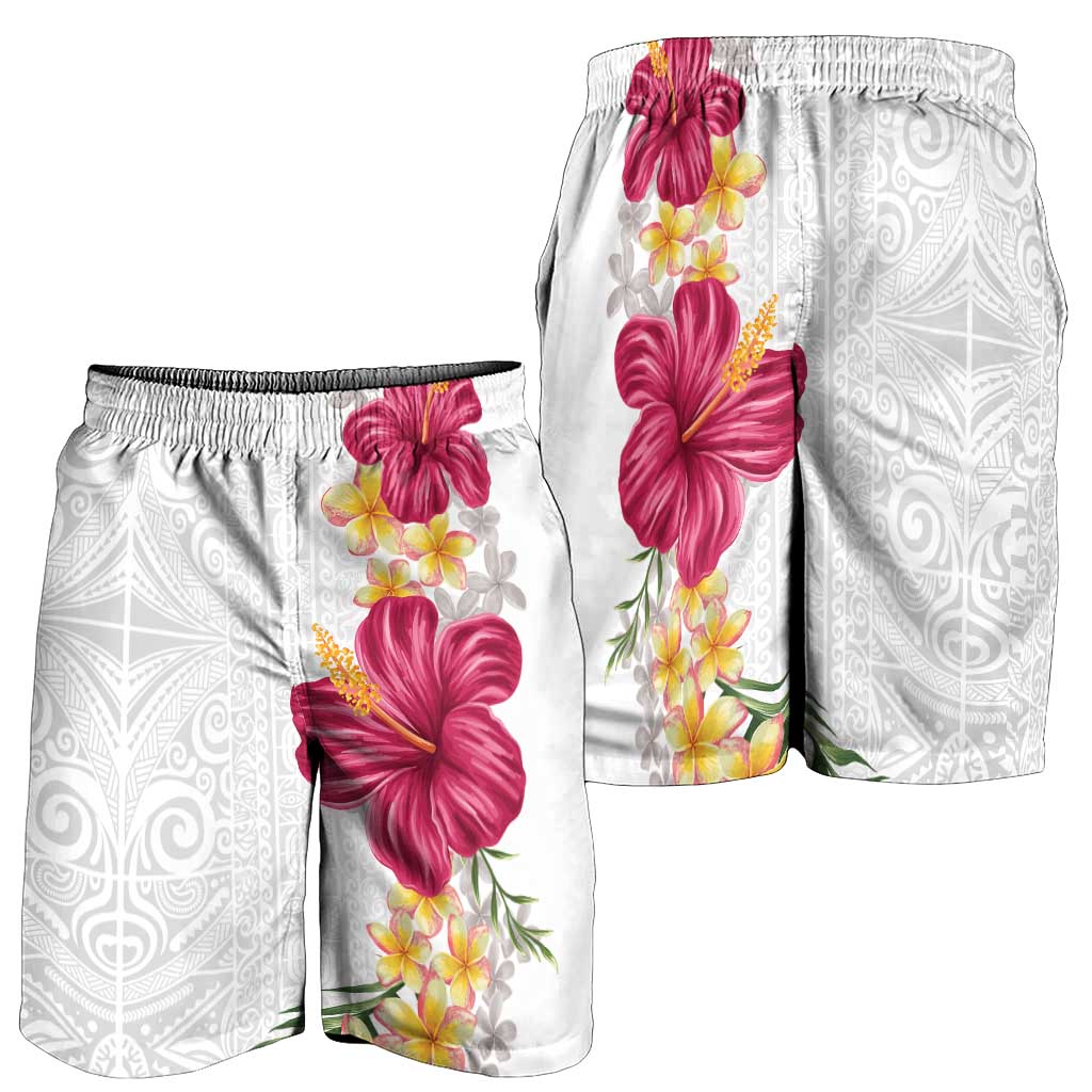 Hawaiian Plumeria and Hibiscus Shorts for Men White Mode - Polynesian Pride