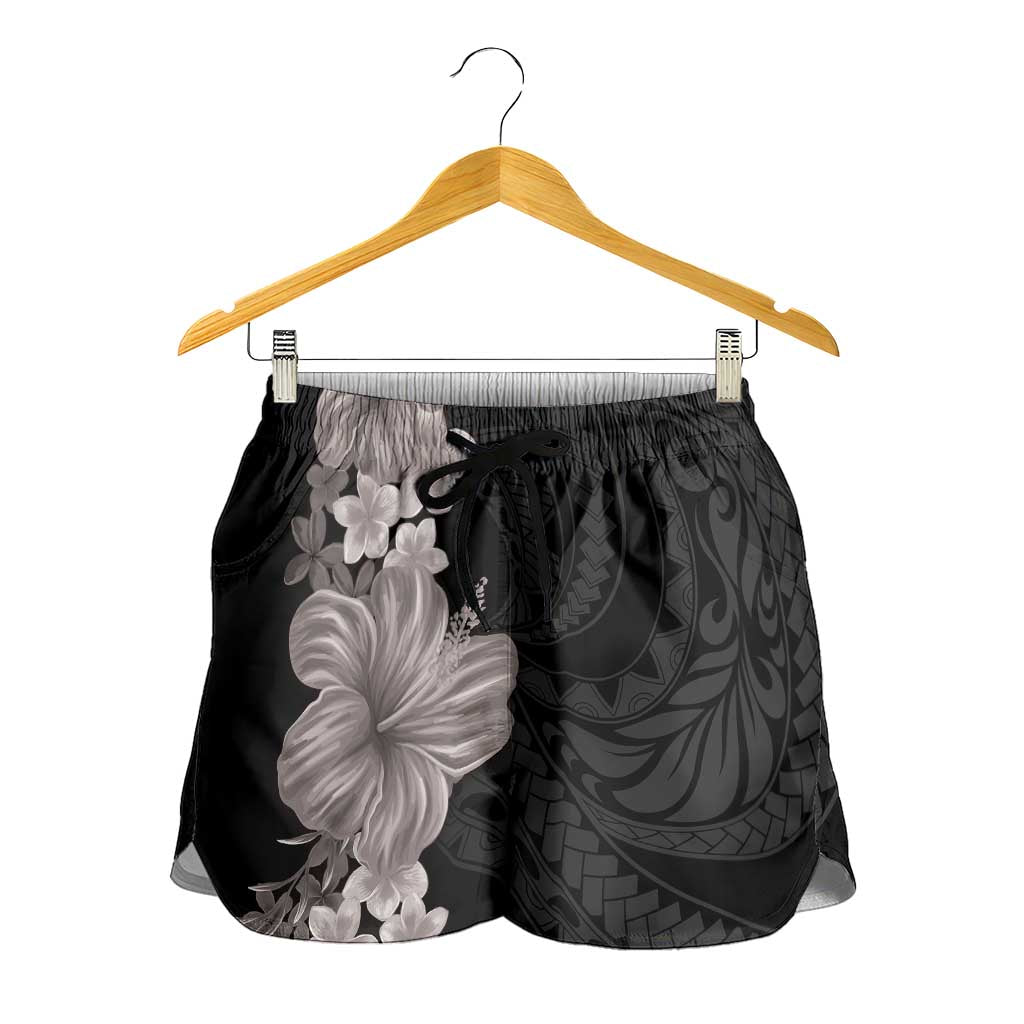 Hawaiian Plumeria and Hibiscus Shorts for Women Grayscale Mode - Polynesian Pride