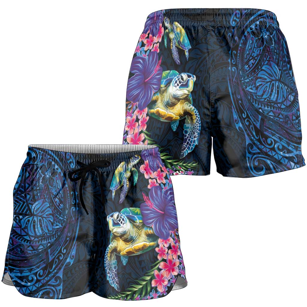 Hawaiian Plumeria and Hibiscus with Turtles Shorts for Women Polynesian Art Dark Cyan Color - Polynesian Pride