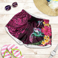 Hawaiian Plumeria and Hibiscus with Turtles Shorts for Women Polynesian Art Red Color - Polynesian Pride