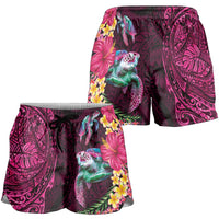 Hawaiian Plumeria and Hibiscus with Turtles Shorts for Women Polynesian Art Red Color - Polynesian Pride