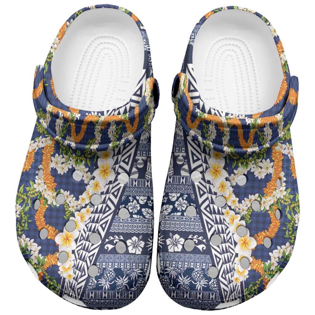 Hawaiian Plumeria Lei Clogs Shoes Kakau Motifs and Palaka Half Style Blue Color LT03
