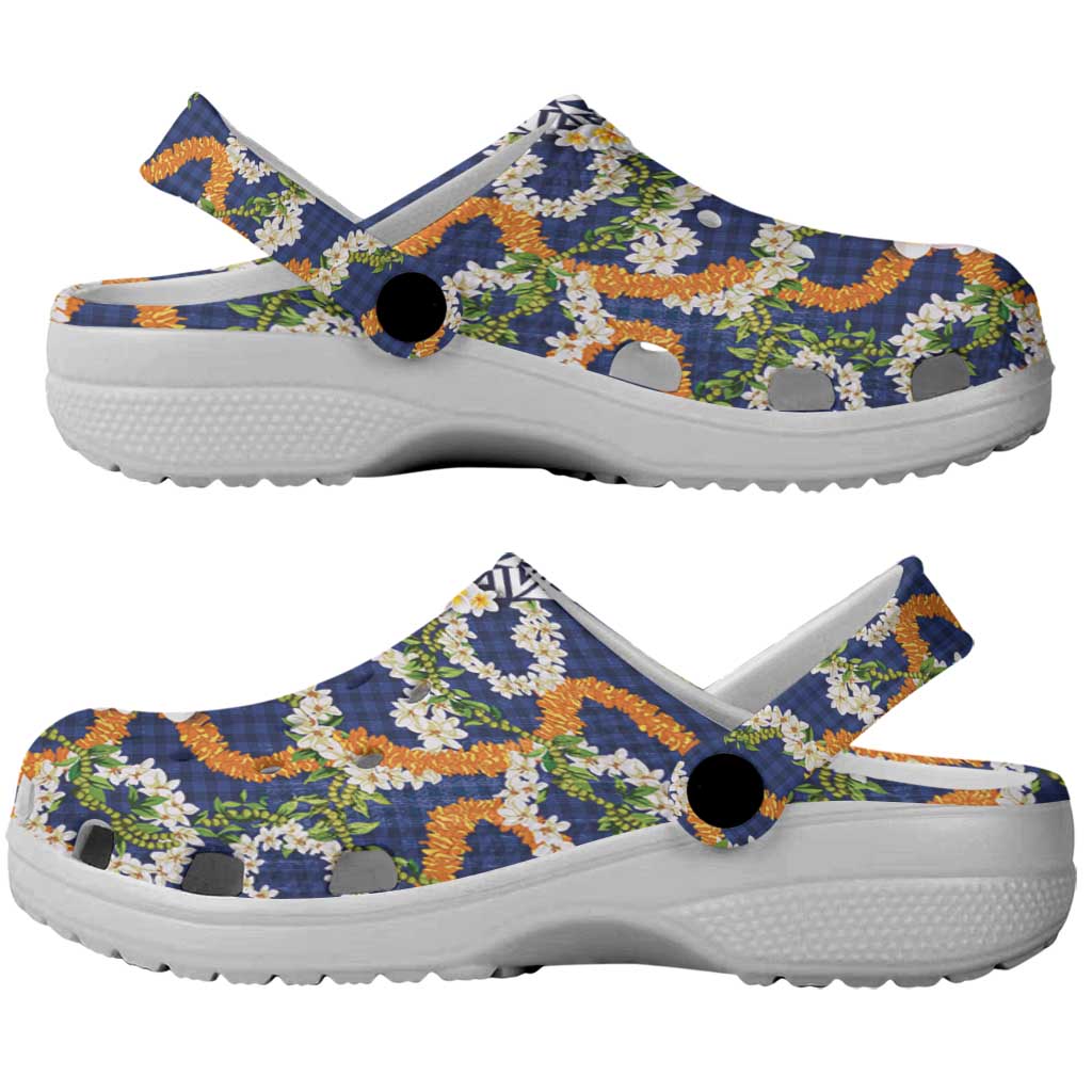 Hawaiian Plumeria Lei Clogs Shoes Kakau Motifs and Palaka Half Style Blue Color LT03