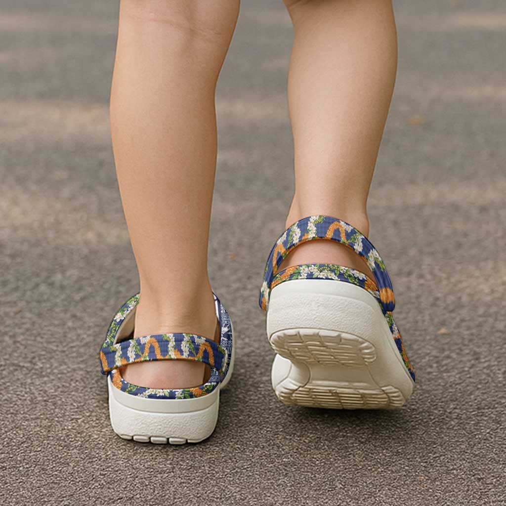 Hawaiian Plumeria Lei Clogs Shoes Kakau Motifs and Palaka Half Style Blue Color LT03
