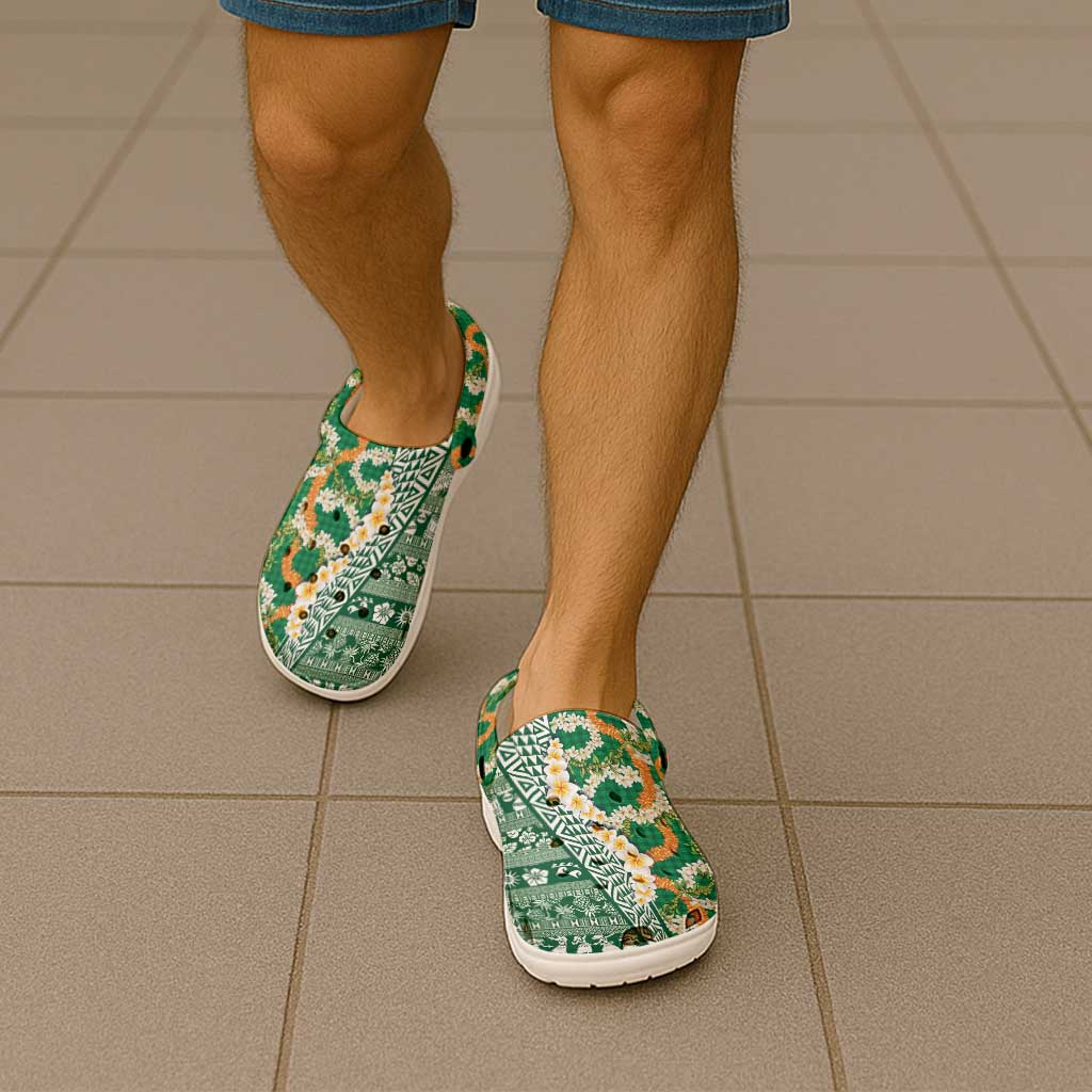 Hawaiian Plumeria Lei Clogs Shoes Kakau Motifs and Palaka Half Style Green Color LT03