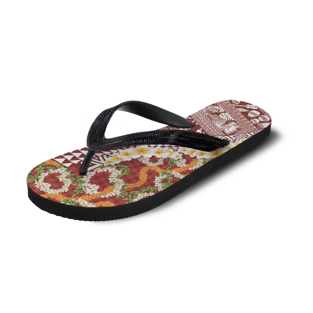 Hawaiian Plumeria Lei Flip Flops Kakau Motifs and Palaka Half Style Red Color - Polynesian Pride