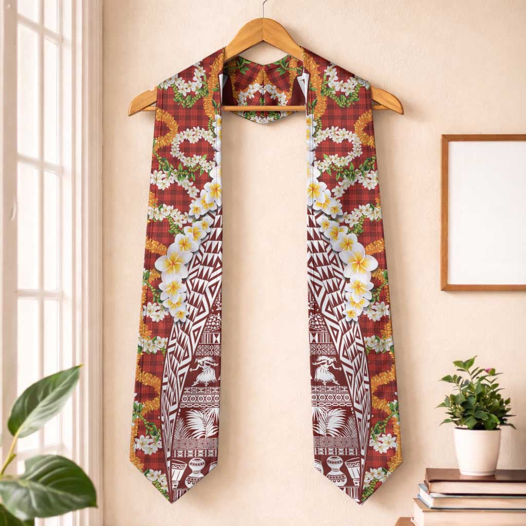 Hawaiian Plumeria Lei Graduation Stole Kakau Motifs and Palaka Half Style Red Color